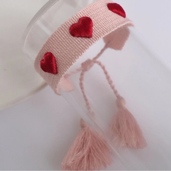 Pink with Hearts Boho Woven Tassel Bracelet - Picture 5 of 6